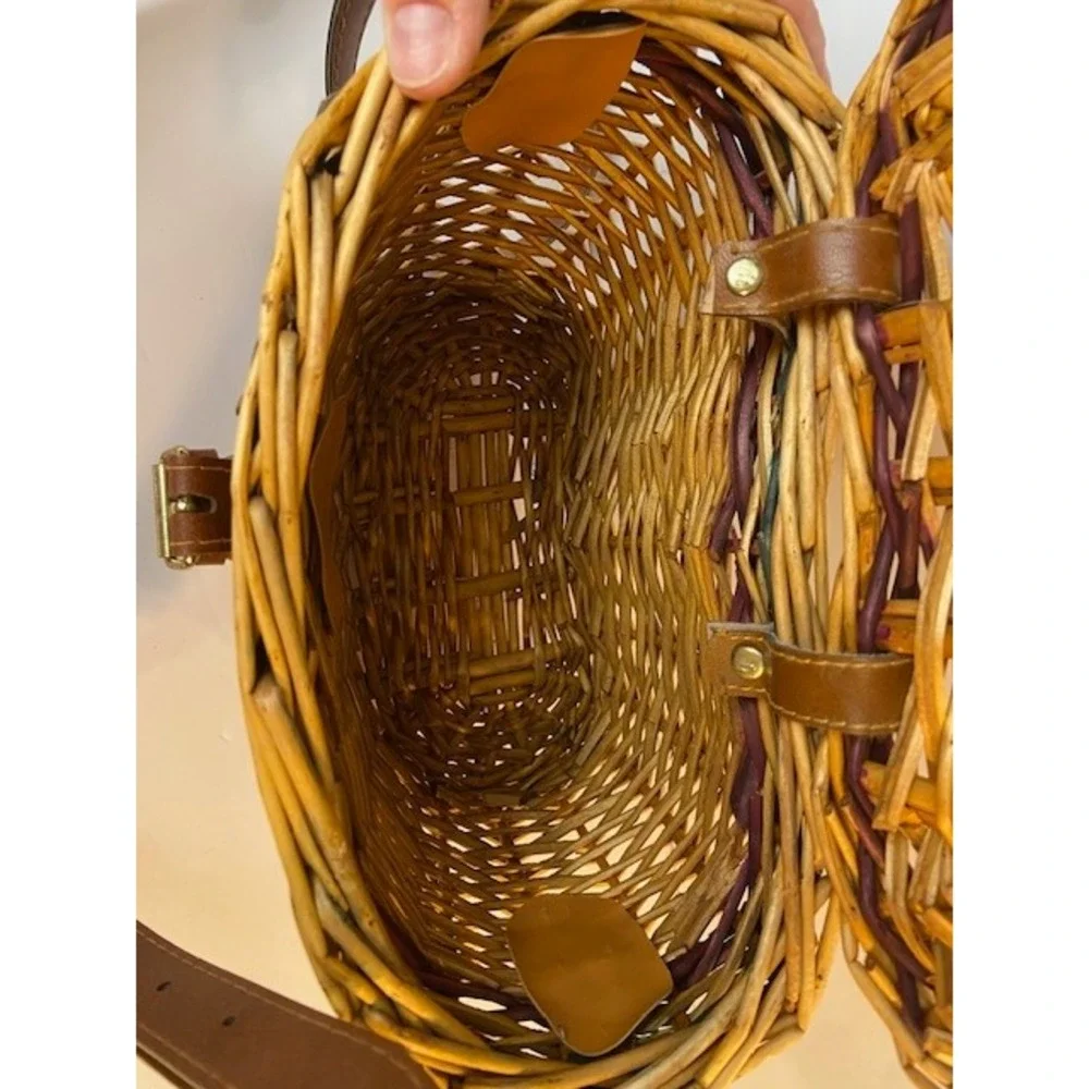 Vintage Wicker Basket Crossbody Bag Woven Picnic Purse Green Purple Accents